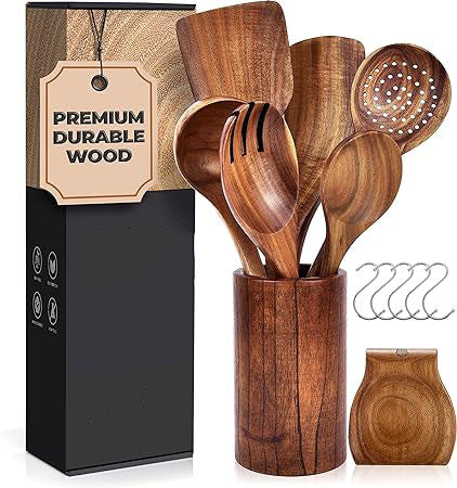 Complete Set of 8 Wooden Cooking Spoons with Holder